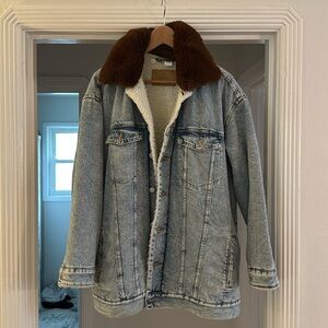 Oversized Sherpa-Lined Denim Coat with Faux Fur Collar